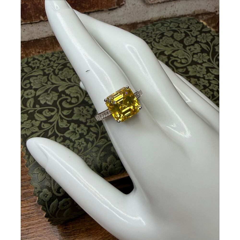 5 Carat Yellow Asscher Cut Moissanite Ring 925 Sterling Silver Size 8